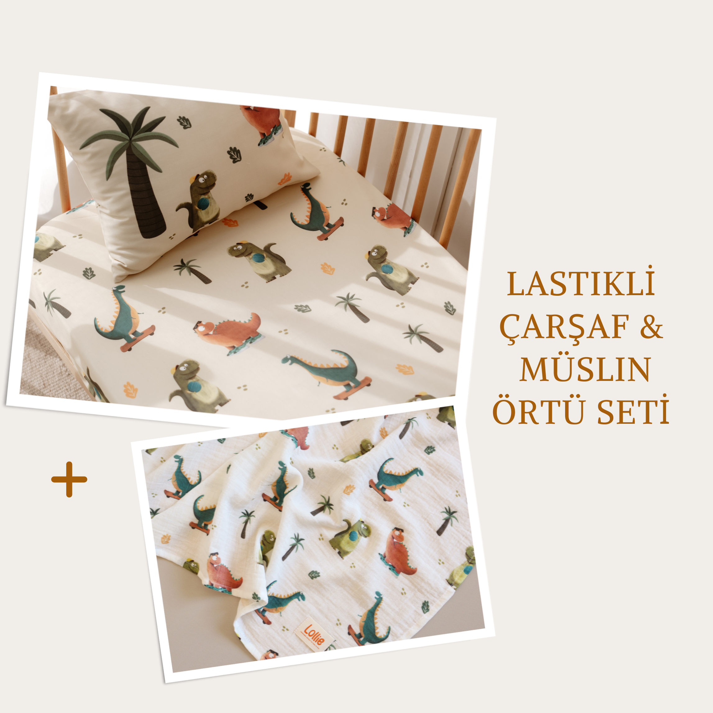 Lastikli Çarşaf & Müslin Örtü Seti - Dino Friends