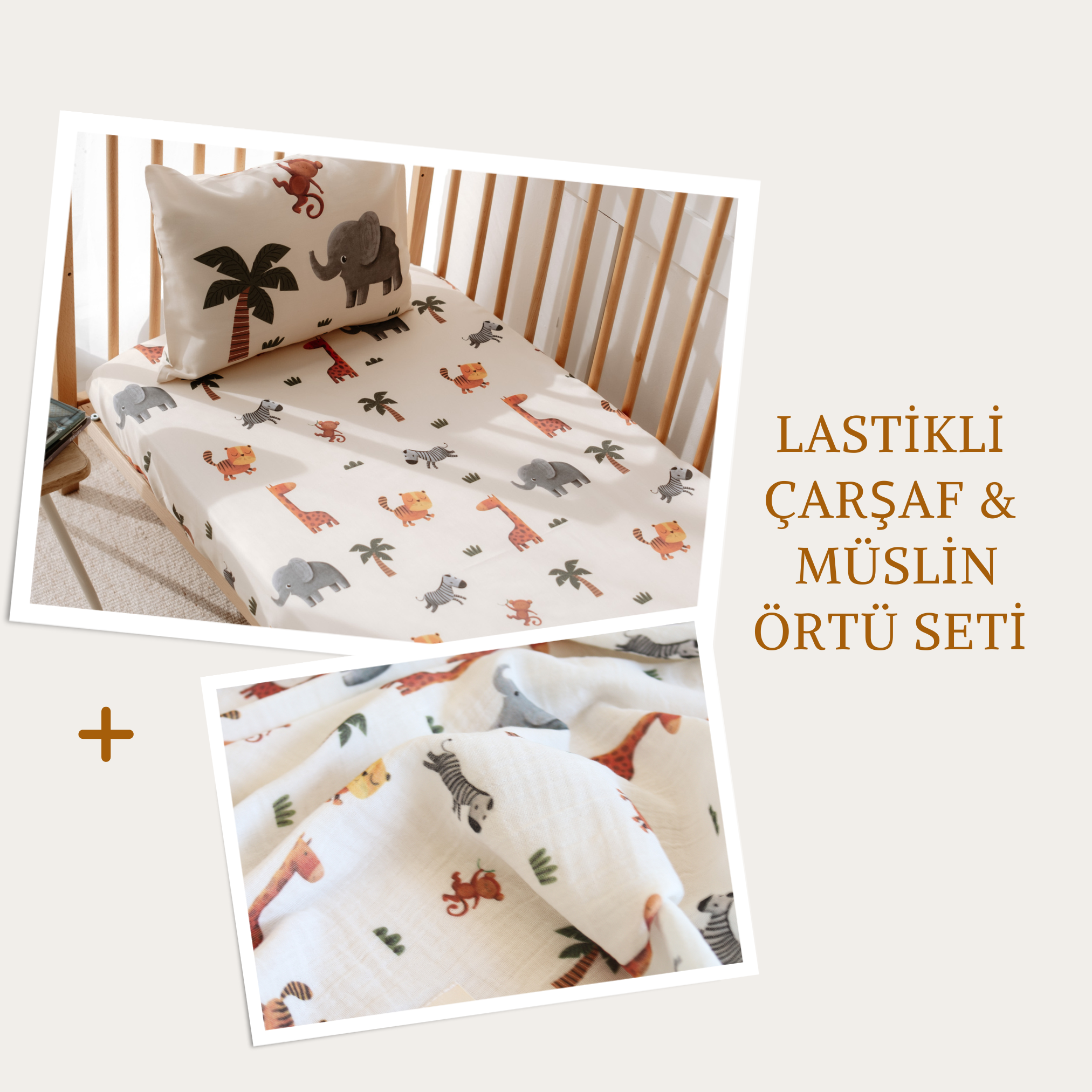 Lastikli Çarşaf & Müslin Örtü Seti - Safari