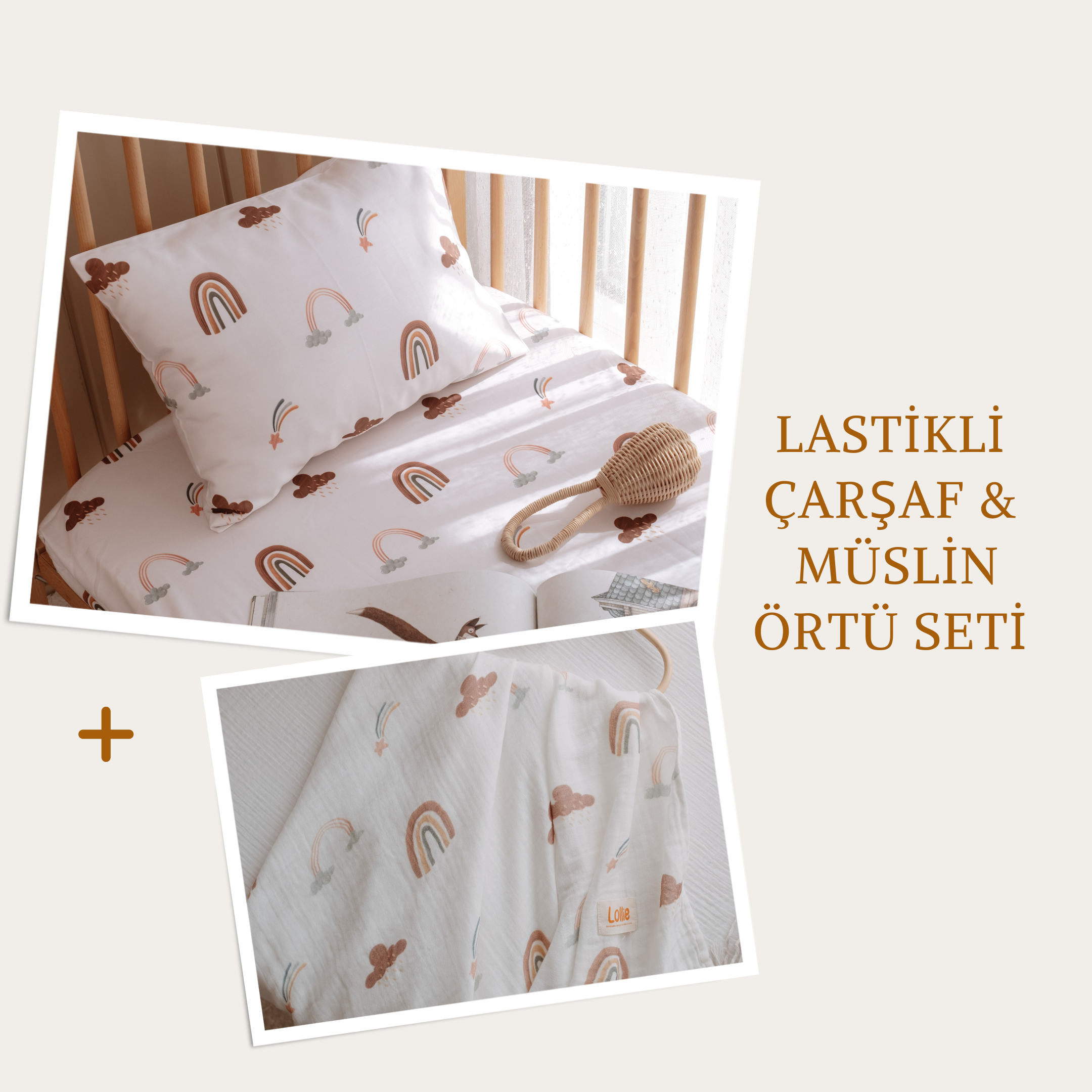 Lastikli Çarşaf & Müslin Örtü Seti - Boho Rainbow